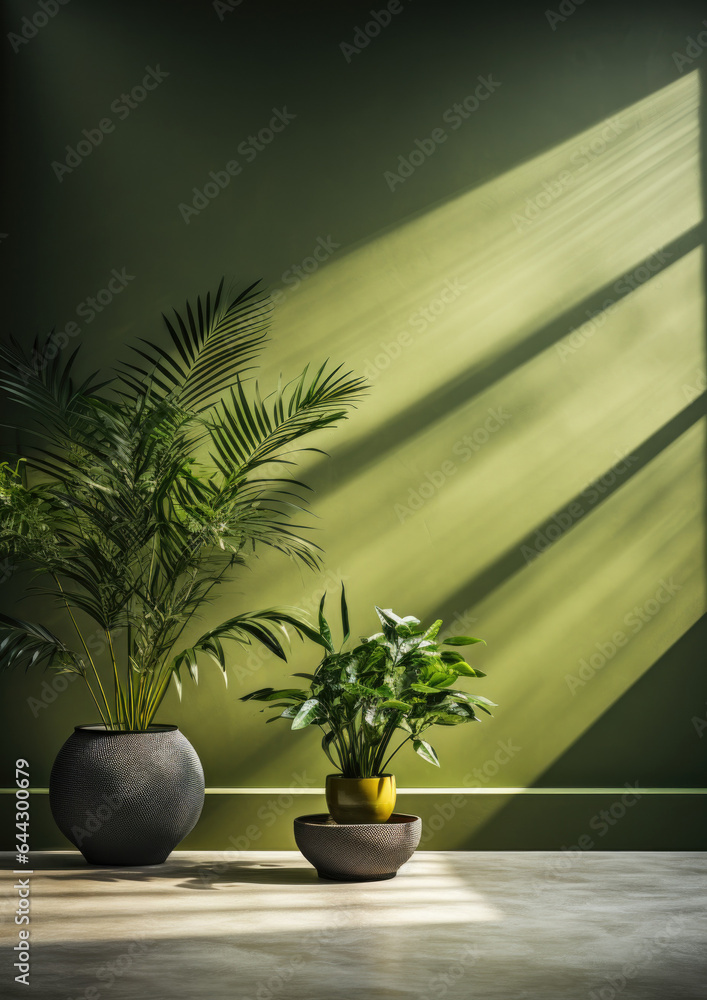 Beautiful tropical interior design with potted plants, vases, and a sense of space, light filling the room, and dark shadows. Green key coloured walls create a sense of atmosphere and life. 