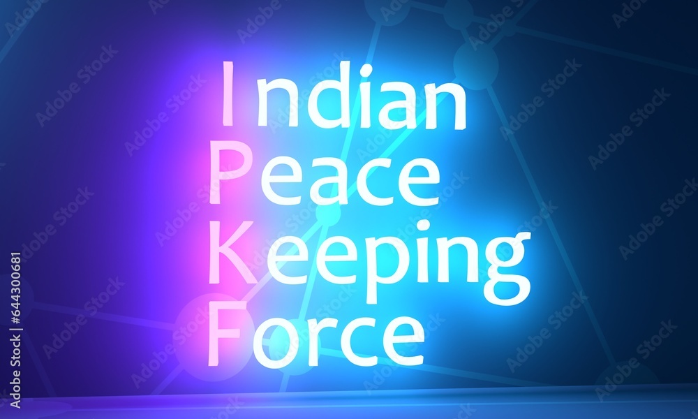 IPKF - Indian Peace Keeping Force acronym. Neon shine text. 3D Render.