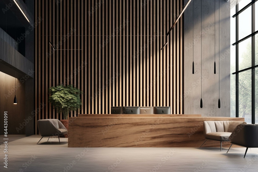 ภาพประกอบสต็อก Contemporary office lobby with a modern loft aesthetic ...
