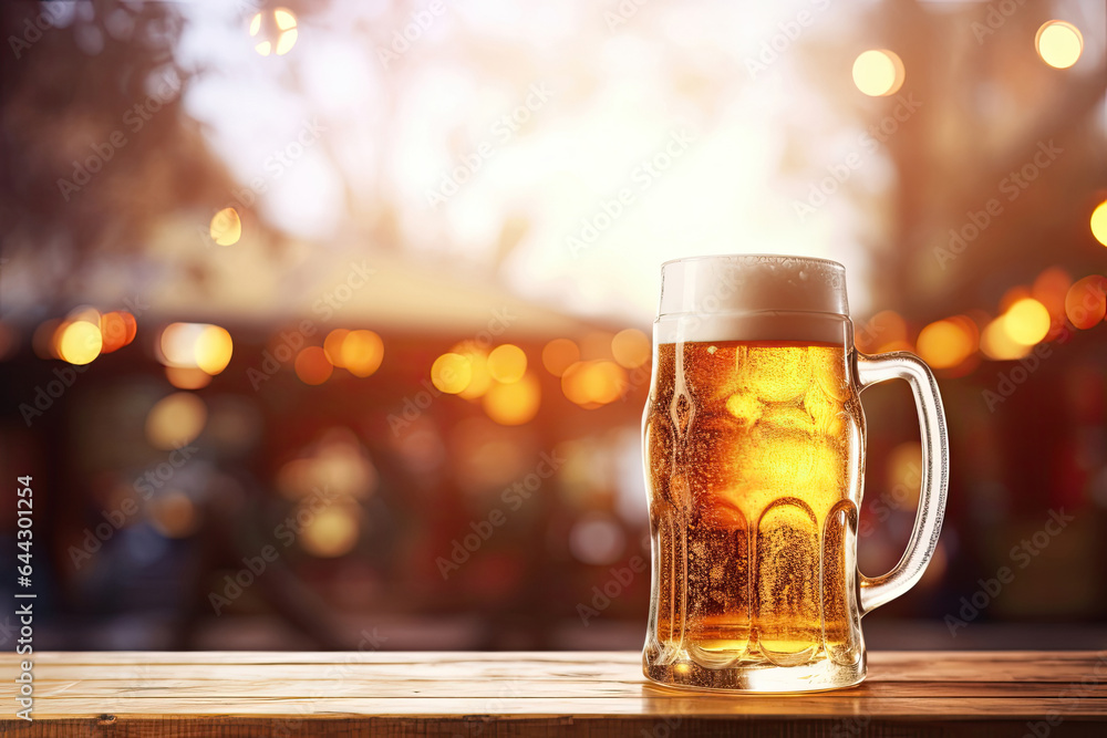 Close-up of mug of beer on the wooden table Close-up of mug of beer on the wooden table