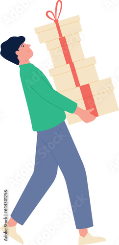 Man carrying gift box stack. Sale shopping