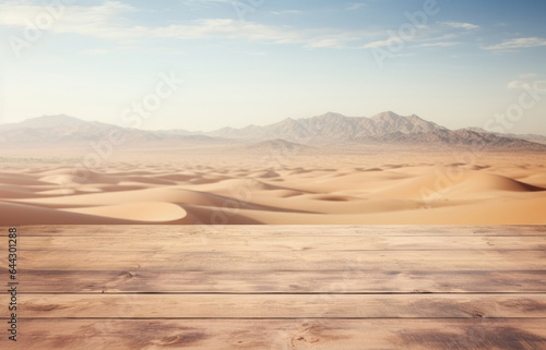 Empty wooden table with desert landscape on background