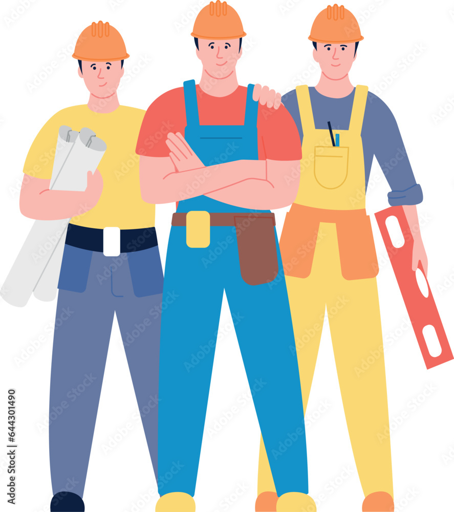 Construction workers team. Engineer and contractor male characters