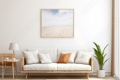 Mockup frame in coastal boho living room interior background, rendered in 3D. Generative AI
