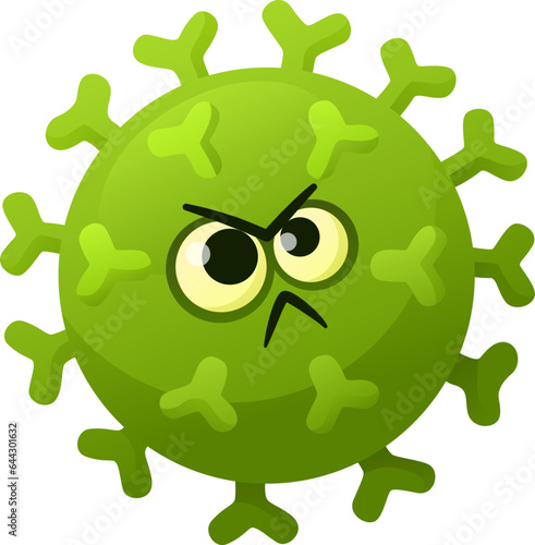 Cartoon virus with angry face. Green cell character
