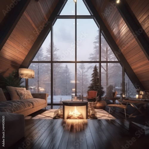 Photo of the beautiful, stylish, lightful and cosy indoor interior of triangular house glamping resort in winter snow forest © Silmairel