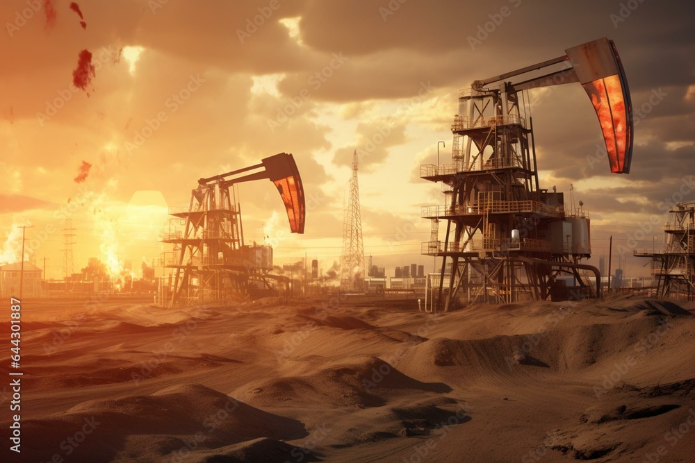 Oil derricks in desert oilfield, crude oil production, drill rig and pump jack. Petroleum, natural gas, liquids. Generative AI