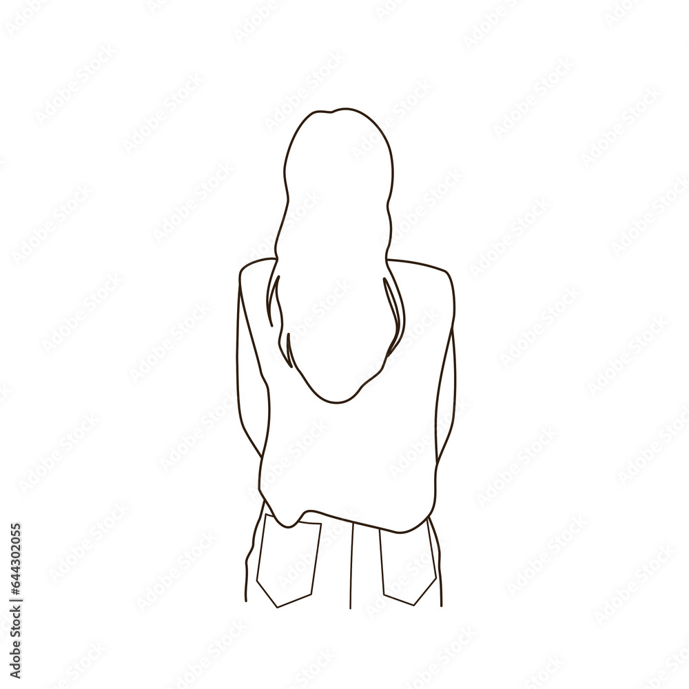 Outline of long hair woman's back standing in casual clothing. rear view. behind weekend lifestyle design element. Outline of long hair woman's back standing in casual clothing. rear view. behind weekend lifestyle design element.
