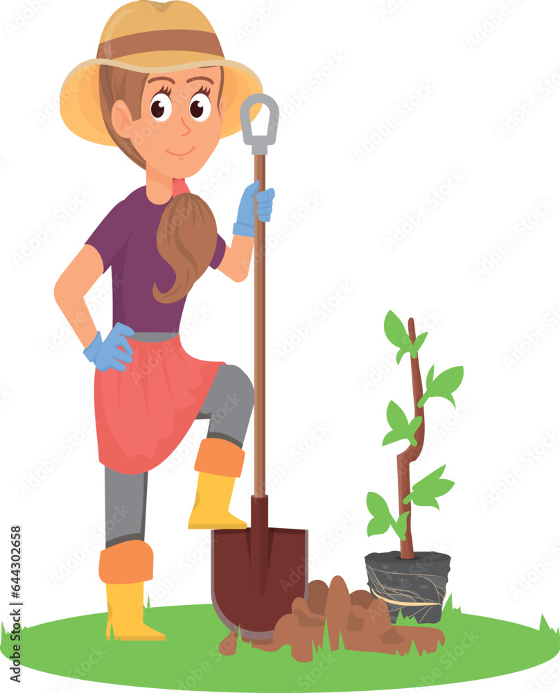 Woman digging ground. Female gardener. Cartoon character Woman digging ground. Female gardener. Cartoon character