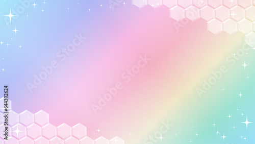 淡い虹色の六角形パターンの背景。上下斜めセパレート。