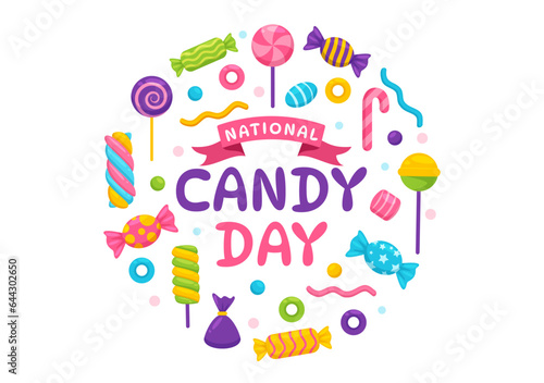 National Candy Day Vector Illustration with Different Types of Candies and Sweets in Flat Cartoon Hand Drawn Background Design Templates