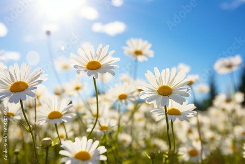 A sunny summer day in the field with fresh blooming daisies, representing the beauty of spring in macro photography. Generative AI