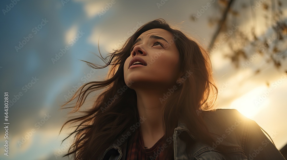 Portrait of a young woman looking up at golden hour - obrazy, fototapety, plakaty 
