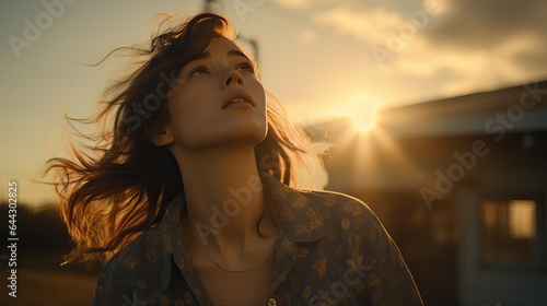 Portrait of a young woman looking up at golden hour