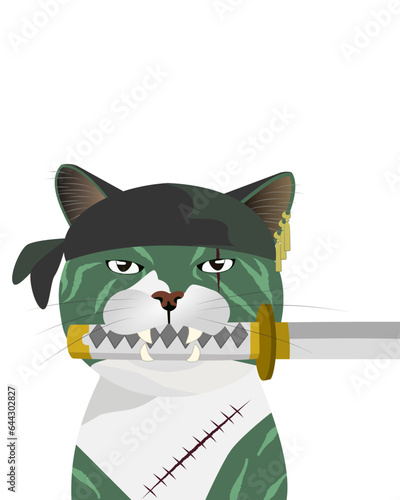 A vector design of a green-furred cat biting a sword, suitable for adding a unique concept to a design