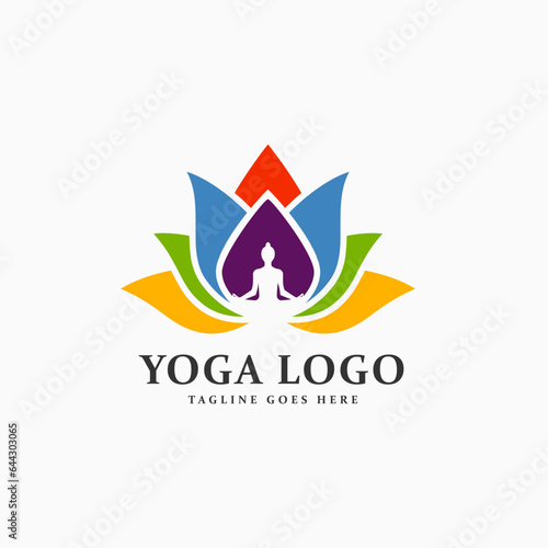 yoga logo design vector with human silhouette zen pose isolated lotus flower logo
