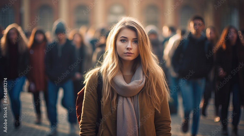 Female college student standing alone among a crowd of other students, concept of the feeling of isolation and loneliness due to mental illness - obrazy, fototapety, plakaty 