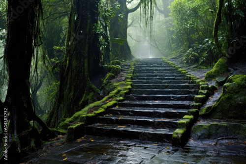A stone staircase in a misty forest. The staircase is wet and covered in moss. The stairs lead up to a path that disappears into the mist. The trees in the background are tall and covered in moss