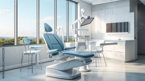modern dental office interior with blue chair and equipment