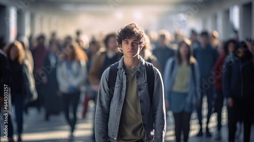 Male high school student standing alone among a crowd of other students, concept of the feeling of isolation and loneliness due to mental illness photo