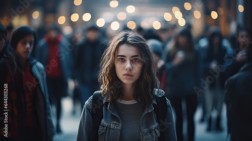 Female high school student standing alone among a crowd of other students, concept of the feeling of isolation and loneliness due to mental illness