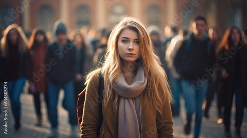 Female college student standing alone among a crowd of other students, concept of the feeling of isolation and loneliness due to mental illness