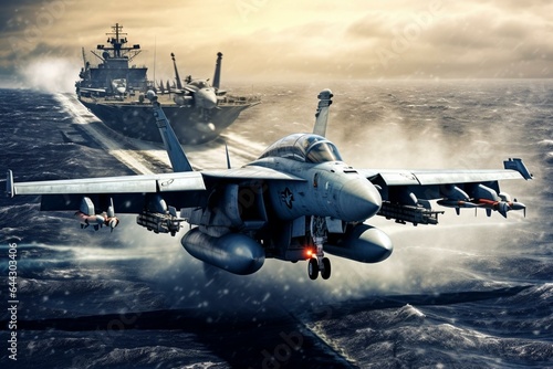 US aircraft carrier with fighter jet launching. Generative AI