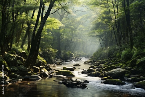 A hazy  forested scenery featuring a winding creek and foliage-covered ground. Generative AI