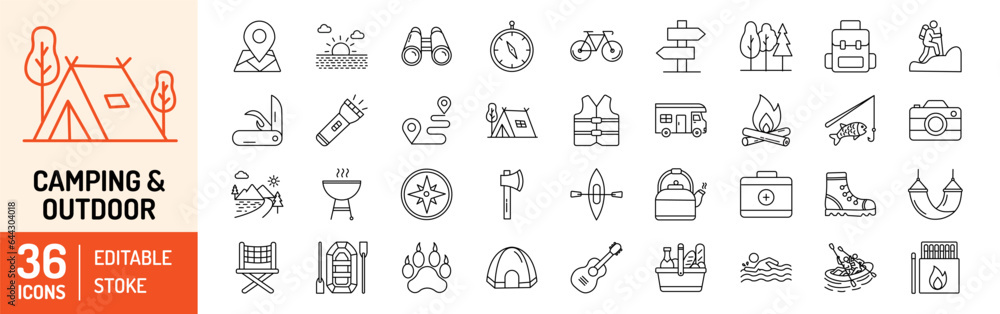 Camping and Outdoor editable stroke outline Icons set. Map, tourism ...
