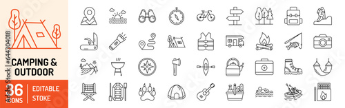 Camping and Outdoor editable stroke outline Icons set. Map, tourism, camping, hiking, direction, bonfire, backpack, binoculars, tent and caravan. Vector illustration