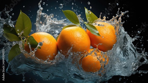 flying mandarin oranges hit by splashes of water on black background and blur
