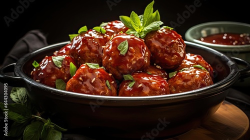 meatballs with melted tomato sauce on a bowl with a black background and blur