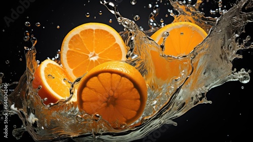 flying fresh orange splashed with water on black background and blur