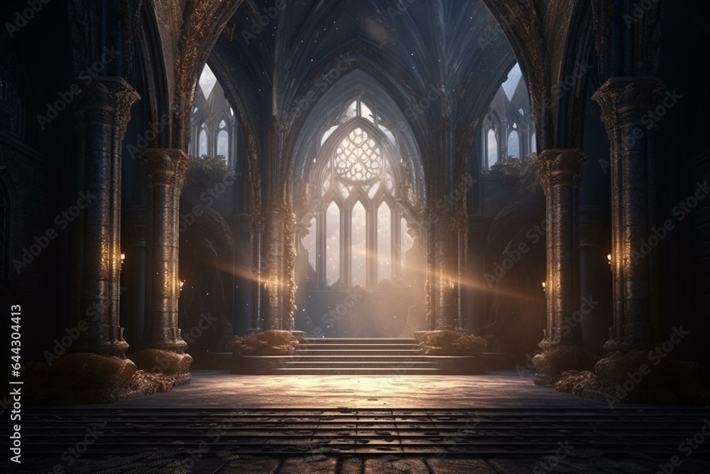 Medieval throne room with gothic arches and windows, featuring a fantasy atmosphere. 3D illustration. Generative AI - obrazy, fototapety, plakaty 