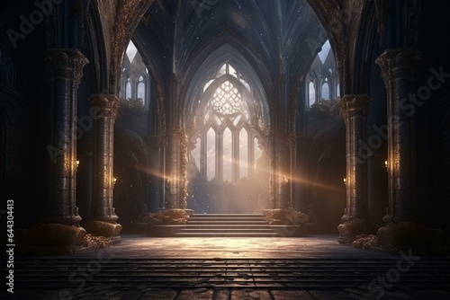 Medieval throne room with gothic arches and windows, featuring a fantasy atmosphere. 3D illustration. Generative AI