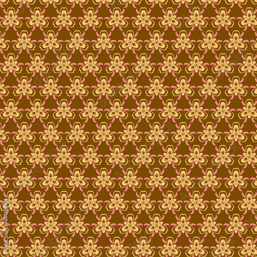 Vintage Retro style Modest fabric pattern Simple small muted yellow geometric flowers on olive brown background