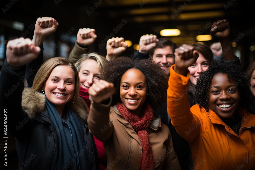 A diverse group of people united, thrusting their fists upwards in a display of solidarity and triumph, generative AI A diverse group of people united, thrusting their fists upwards in a display of solidarity and triumph, generative AI