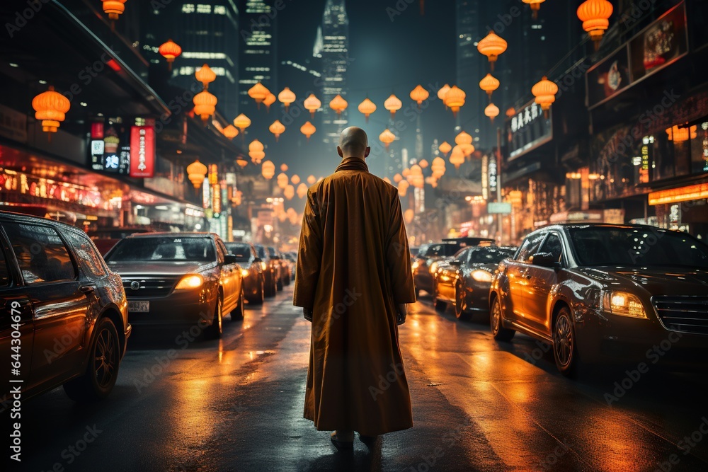 A Buddhist monk exemplifying inner peace and separation from worldly concerns, in the midst of traffic, generative AI - obrazy, fototapety, plakaty 