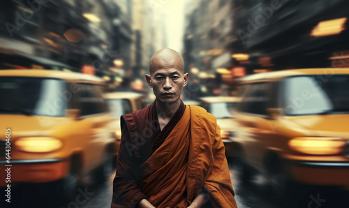 A Buddhist monk exemplifying inner peace and separation from worldly concerns, sitting in a meditative state amidst chaotic traffic, generative AI © Thumbs