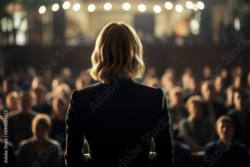 A woman addressing an audience, seen from behind as she speaks on stage, generative AI