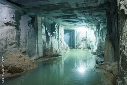 Underwater basement being constructed with walls covered in mold. Generative AI