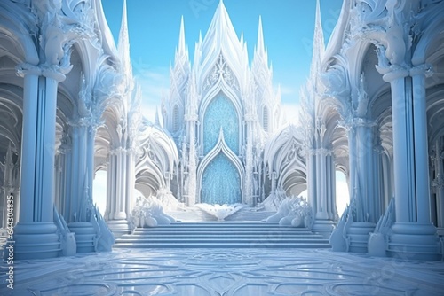 Enchanting ice palace adorned with fairy-like magic in a stunning combination of white and blue hues. Generative AI