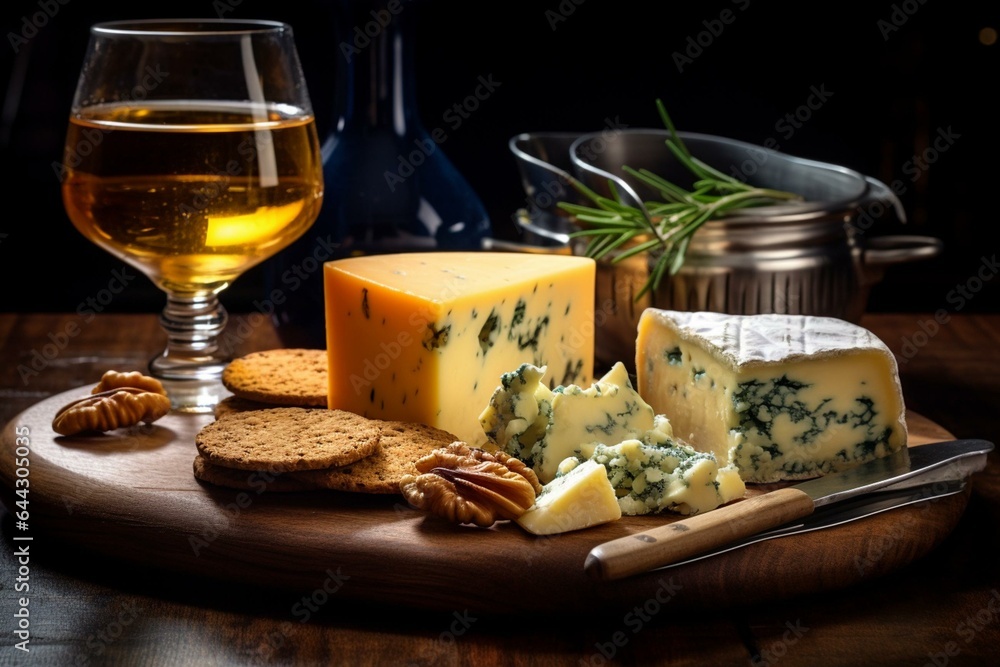 Sampling Scotch whisky and pairing it with English cheeses: blue Stilton and Shropshire. Generative AI