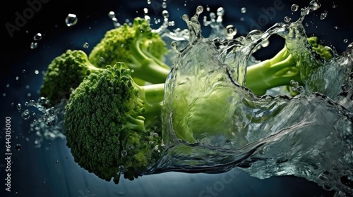 fresh green broccoli splashed with water on black background and blur