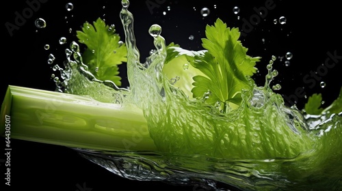 Fresh green celery exposed to water splash on black background and blur