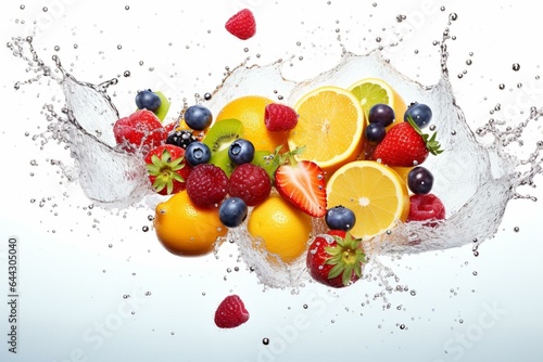 Colorful fruits being soaked with water against a clean white backdrop. Generative AI