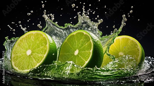 Fresh green limes splashed with water on black and blurred background