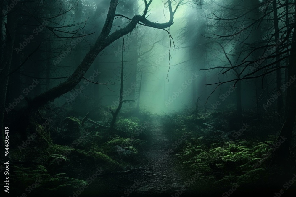 Enigmatic misty forest scene. Vast lush haven shrouded in darkness. Stunning 3D illustration. Generative AI