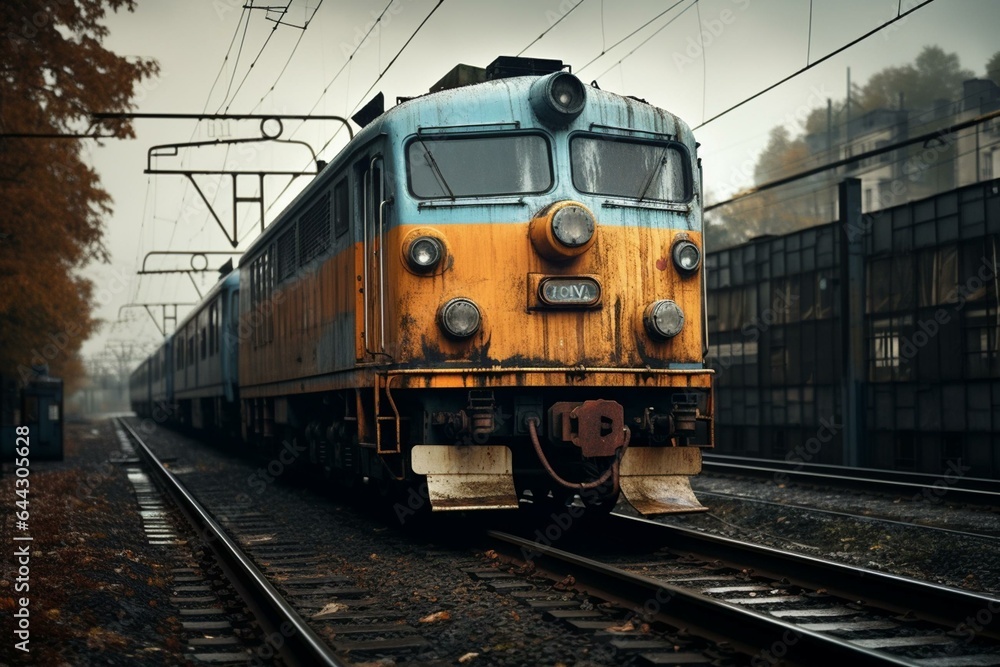 Forward-facing diesel locomotive on railway. Generative AI