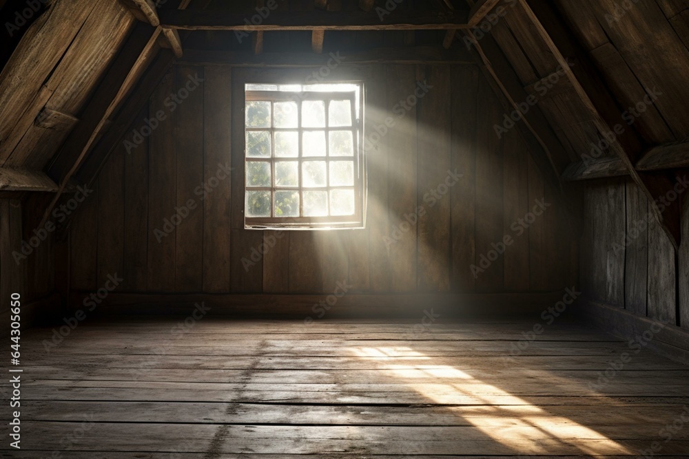 Obraz premium Sunlit old wooden room with a dark background. Generative AI